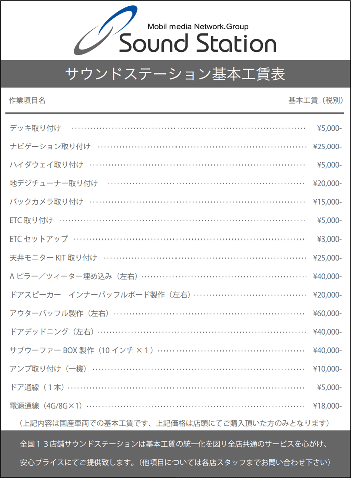 サウンドステーション基本工賃表